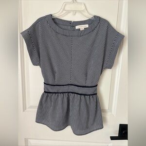 Monteau Los Angeles Top Blouse Navy Blue White Striped Peplum S/S Sz S